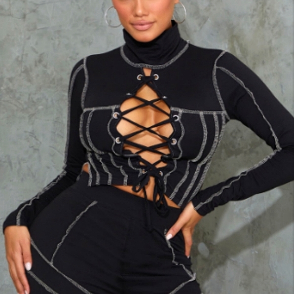 Lace up stitch long sleeve top - Picture 1 of 1